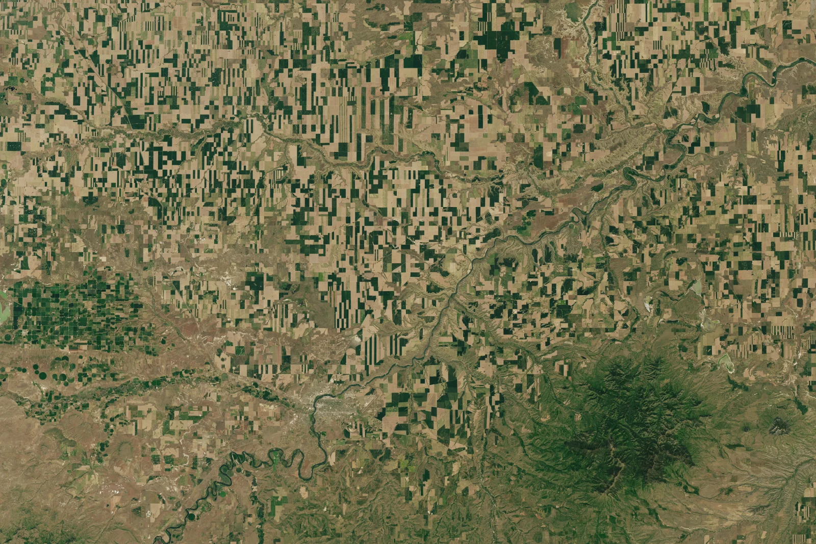 Landsat view of geometric agricultural fields and the winding Missouri River in Montana