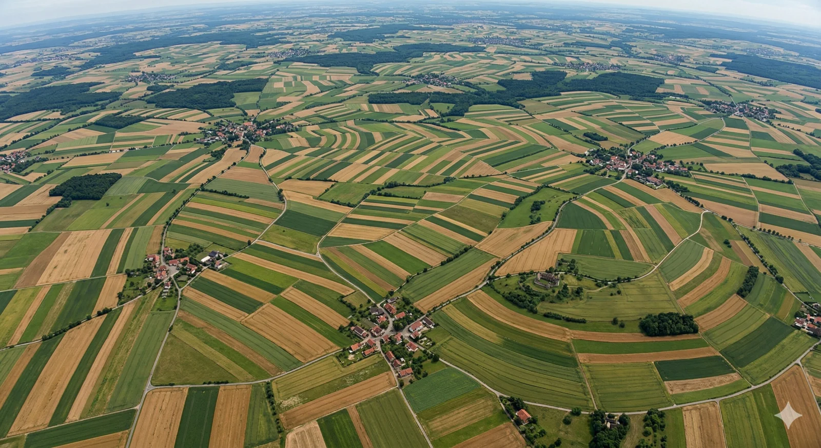 A sweeping view of green and gold agricultural fields, villages and woodland.